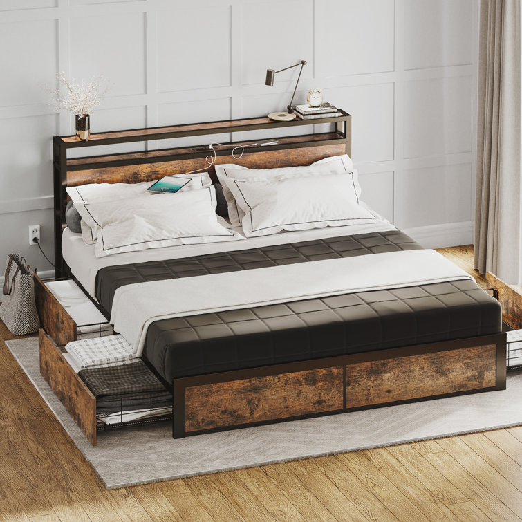17 Stories Full Size Bed Frame With Storage, 2-tier Storage Headboard